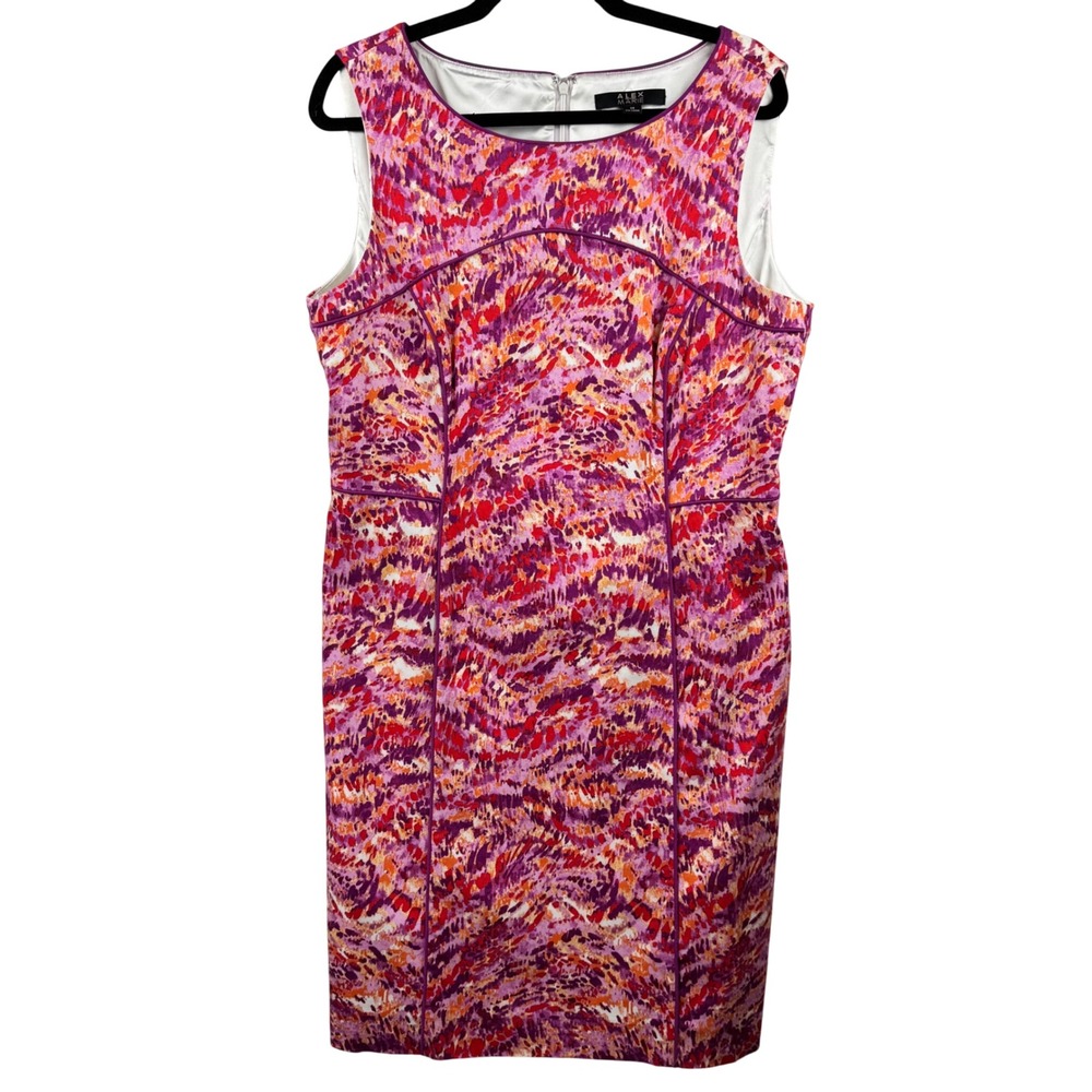 Alex Marie Sheath Dress Womens 14 Purple Pink Orange Abstract Print Sleeveless - Picture 2 of 14